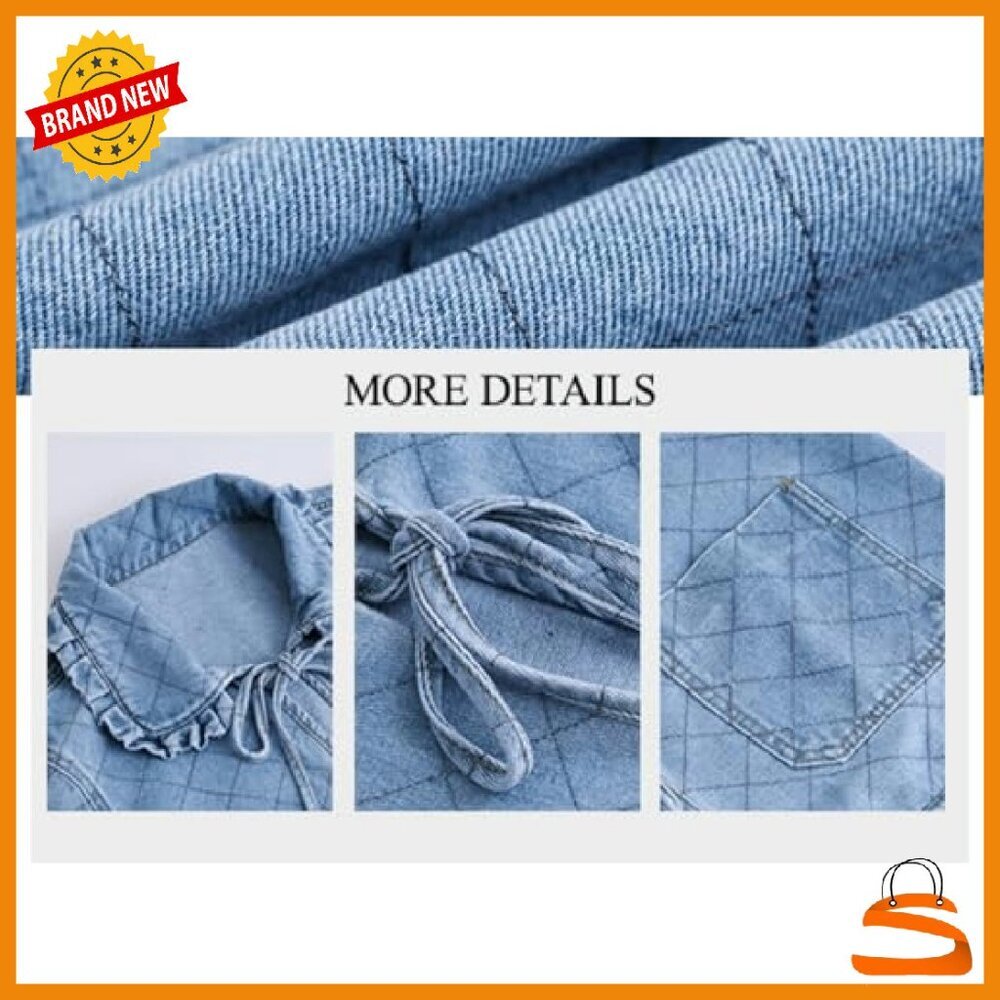 Denim Jacket with Tie Front Peter Pan Collar Loose Fit Top - Picture 4 of 8